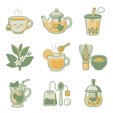 Set of cute hand drawn tea and beverage icons and illustrations.