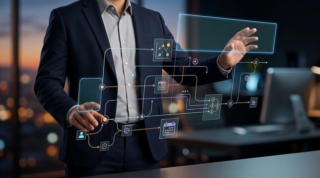 Corporate manager interacting with complex digital workflow automation interface to optimize business operations and project management tasks