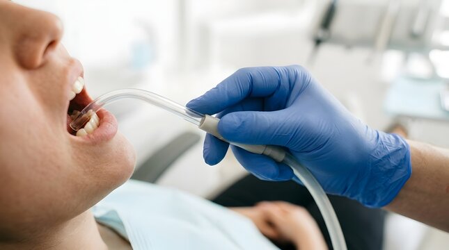 Close up of a professional dentist hand in a blue protective glove holding a transparent dental suction tool or saliva ejector inside a patient's open mouth during a medical procedure in a clinic.