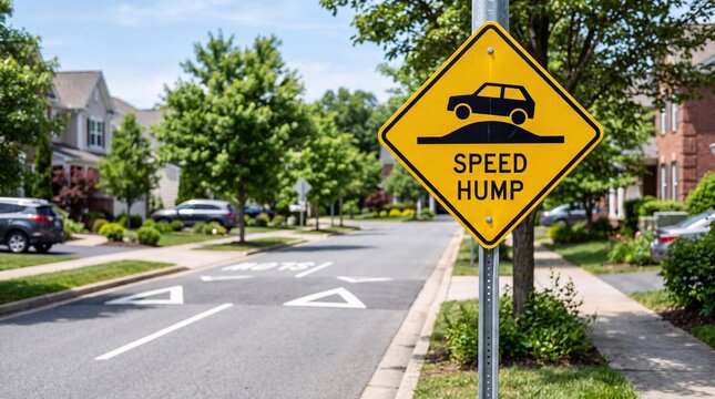 A bright yellow diamond-shaped traffic sign warning of a speed hump ahead on a suburban street.