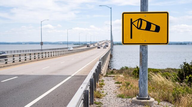 A yellow warning sign indicating strong winds is posted next to a long bridge over a body of water.