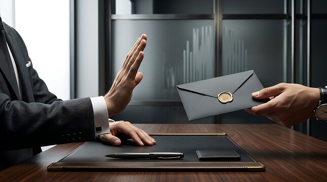 Businessman in a formal suit making a stop gesture to refuse a black envelope with a wax seal, representing anti-corruption, integrity, and ethical conduct in a corporate office setting.
