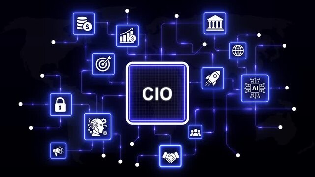 Chief information officer cio digital network concept featuring glowing blue representing artificial intelligence, cybersecurity, global business strategy, data analytics, and corporate innovation
