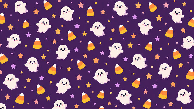 Seamless repeating pattern of candy corn and ghosts, playful pastel Halloween palette