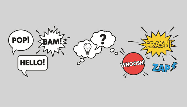 Collection of comic book style speech bubbles and loud sound effects like pop, hello, bam, crash, whoosh, zap, and lightning.