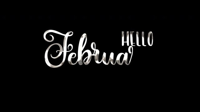 Silver calligraphy text hello february in elegant script font on a black background with a white graphic. Suitable for greeting cards and social media posts.