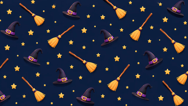 Seamless pattern of witch hats, broomsticks, and stars scattered on a navy background.