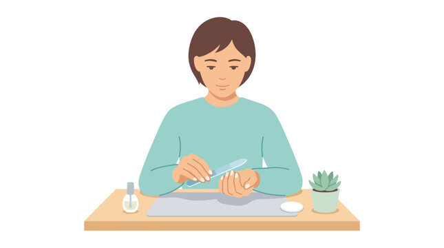 Young woman performing personal manicure by filing nails at a desk with spa accessories flat design vector illustration