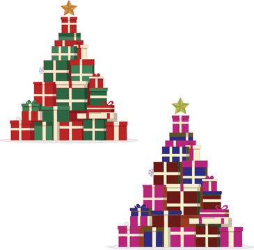 Hand Drawn Christmas Gift Boxes Stacked in a Festive Tree Shape with Star Topper, Holiday Illustration