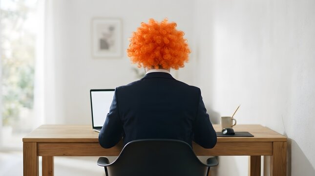 A businessman wearing a bright orange clown wig sitting at a wooden office desk in front of a laptop, representing office humor or feeling ridiculous.