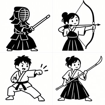Japanese martial arts set with kendo, kyudo, karate and naginata