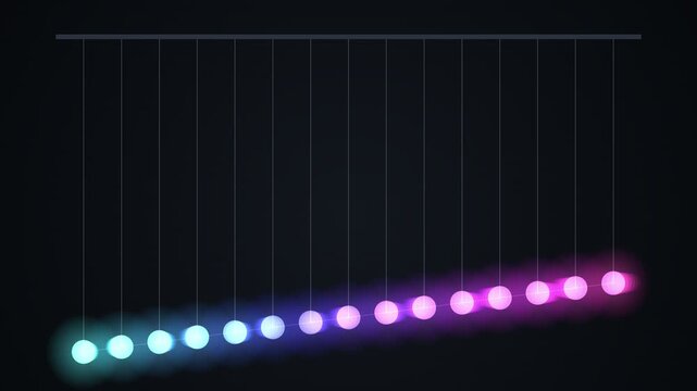 Glowing neon pendulum wave effect simulation on black background. Colorful glowing balls swinging in harmony demonstrating kinetic physics motion loop.
