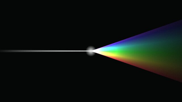Light beam prism dispersion showing rainbow spectrum colors on black background. Scientific optical physics refraction experiment motion graphic.
