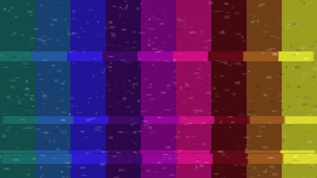 Retro TV color bars test pattern with glitch noise and analog tape distortion