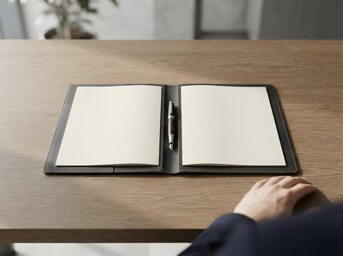 A businessman reviewing an open leather folder with blank paper documents on a wooden office desk, ready for signing contracts and notes.