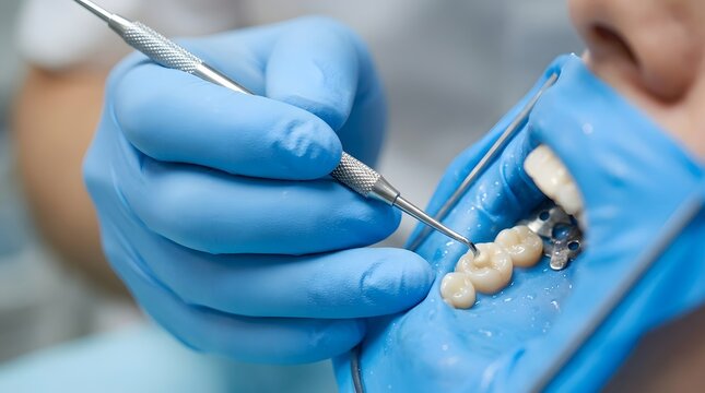 Professional dentist in blue medical gloves placing a white composite resin filling on a patient's molar tooth using a blue rubber dam for isolation and moisture control in a dental clinic.