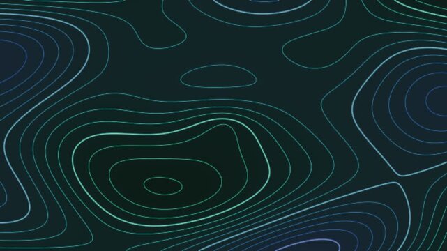Abstract glowing neon topographic contour lines moving on dark background. Seamless loop of terrain elevation map waves in blue and green gradient.