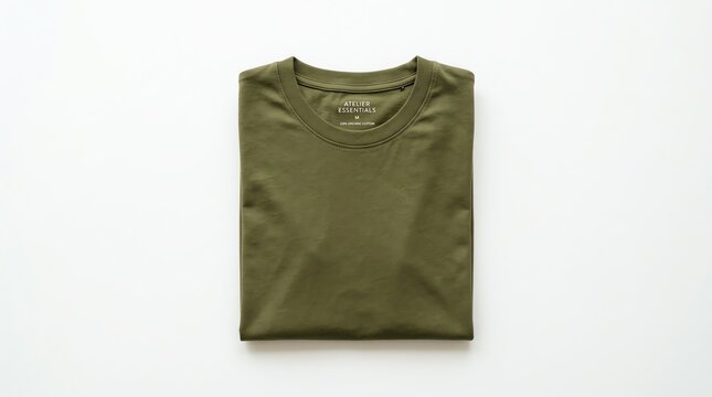 A folded olive green short-sleeved t-shirt laid flat on a white background, showcasing its simple design and color