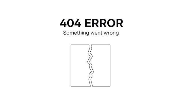 Simple black and white 404 error page template with a cracked square icon and text saying something went wrong on website.