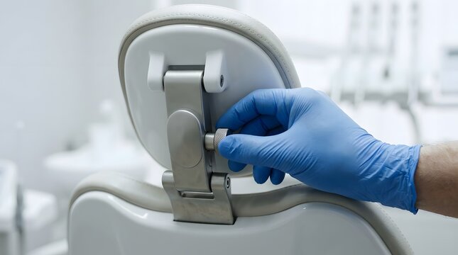 Professional dental assistant or dentist wearing blue sterile gloves adjusting the headrest knob of a modern ergonomic white dental chair in a bright and clean medical clinic office or laboratory