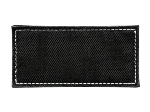 Blank black rectangular embroidered fabric patch with white stitched border isolated on transparent background