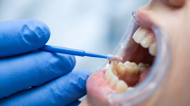 Professional dentist in blue gloves applying fluoride varnish or protective gel on a patient's lower teeth using a small applicator brush during a routine dental checkup and treatment procedure.