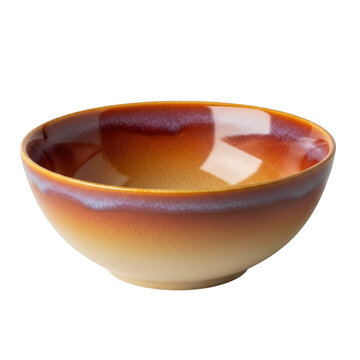 Empty round ceramic bowl with brown and orange gradient glaze isolated on transparent background