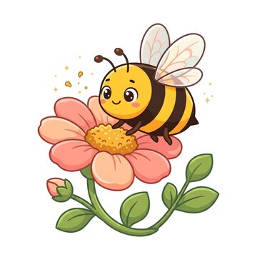 Cute cartoon honey bee collecting nectar from a colorful sunflower, featuring transparent wings, cheerful expression, striped body, and green leaves on a white background.