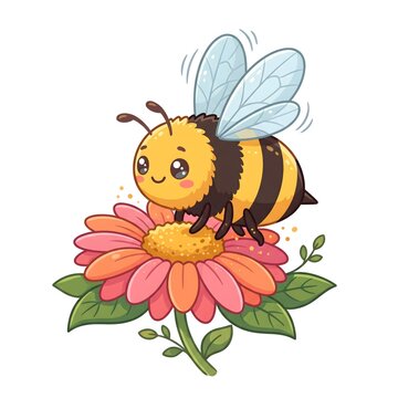 Cute cartoon honey bee collecting nectar from a colorful sunflower, featuring transparent wings, cheerful expression, striped body, and green leaves on a white background.