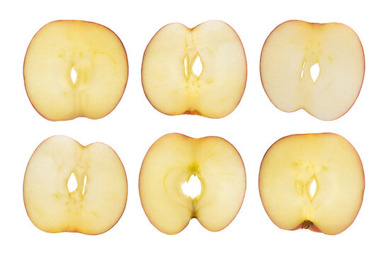 Set of fresh raw apple slices cross section isolated on transparent background without shadow with clipping path