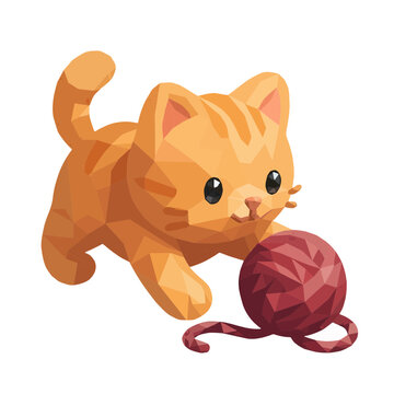 A charming low poly vector illustration of an adorable ginger tabby kitten playfully reaching out for a red ball of yarn 