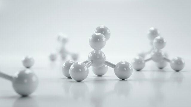 Abstract white molecular structures arranged on a clean bright surface for scientific research concepts with research laboratory setting glossy molecular models atomic