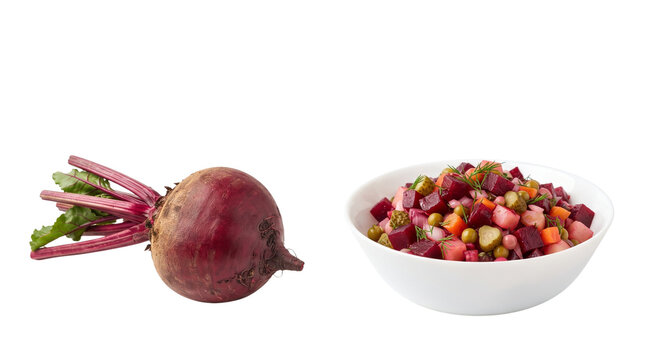 Fresh beetroot and bowl of vinaigrette salad isolated on transparent background for culinary design vegetable beet cutout food healthy vegetarian vegan dill peas carrot potato pickle cooking diet raw