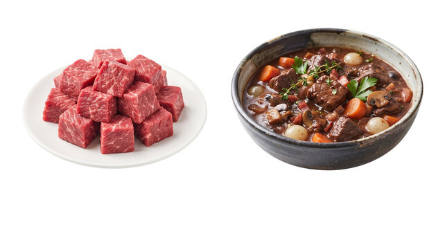Raw beef cubes and beef stew in bowl isolated on transparent background for meat and food Projects cutout cooking culinary protein ingredients gourmet dinner healthy fresh recipe nutrition gastronomy