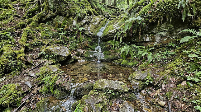 Natural Spring Water Emerging from Mossy Rocks.