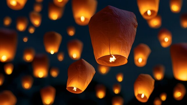Warm glowing paper lanterns float upward against a dark night sky  creating a serene and festive atmosphere