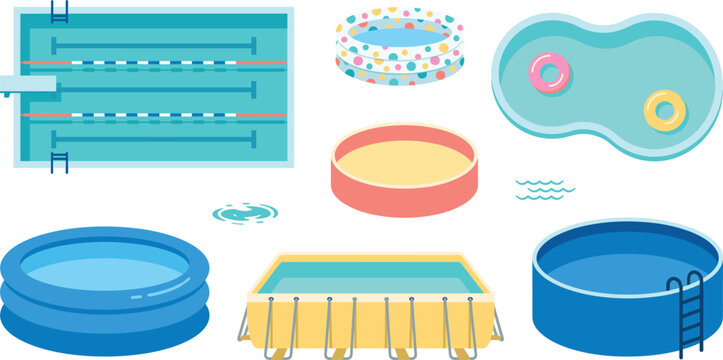 Collection of various swimming pools and inflatable backyard basins isolated on white background . Sports pool, diving board, ladders, swim rings