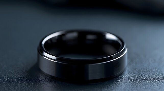A sleek black ring with polished metallic edges rests on a dark textured surface under soft lighting