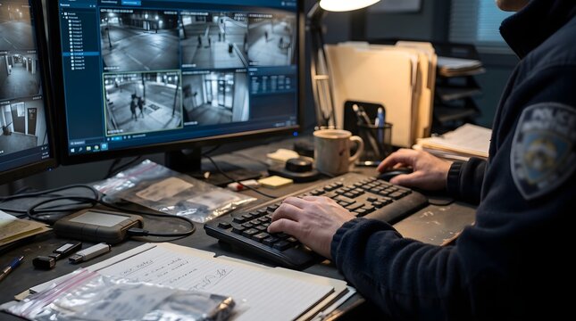 Police officer monitoring CCTV security cameras on multiple screens at desk