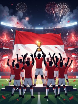 Silhouettes of football team and supporters celebrating with red pyro smoke flares and large Indonesian flag.