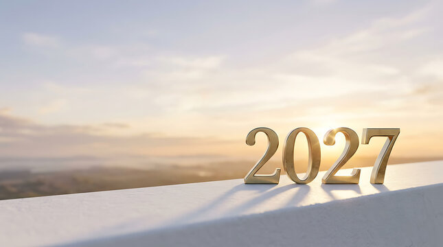 Gold 2027 numbers symbolizing New Year at sunset