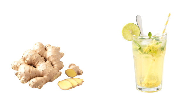 Fresh Ginger Root and Refreshing Ginger Lemonade Drink Isolated on Transparent Background for beverage and citrus Projects cutout glass ice lime mint healthy organic raw spice summer cold detox alpha