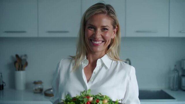 Strahlende Frau mit frischem Salat in moderner K&uuml;che
