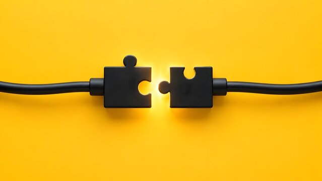 Business connection and partnership concept with two black jigsaw puzzle pieces shaped as electrical cable connectors joining together with glowing light effect on bright yellow background.