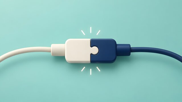 Conceptual 3D illustration of two cables with puzzle piece connectors joining together on a teal background, symbolizing successful business connection, partnership, and digital integration.