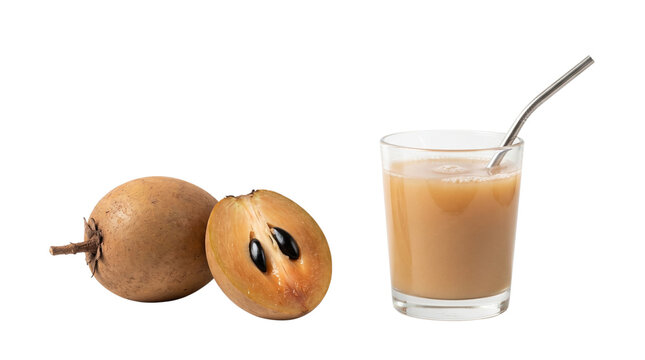 Sapodilla fruit and fresh juice glass isolated on transparent background for commercial food design chiku sapota straw beverage healthy cutout alpha channel drink organic natural tropical sweet raw