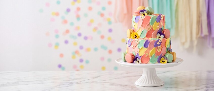 A two tiered colorful cake decorated with edible flowers and macarons on a marble table with assorted macarons sits white pedestal stand against backdrop pastel confetti streamers edible pansies