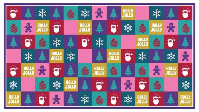 4K looping colorful grid Christmas pattern with Santa, ornament, tree, snowflake, gingerbread man, and Holly Jolly text. Ideal backdrop for holiday promos, festive ads, and video intros.