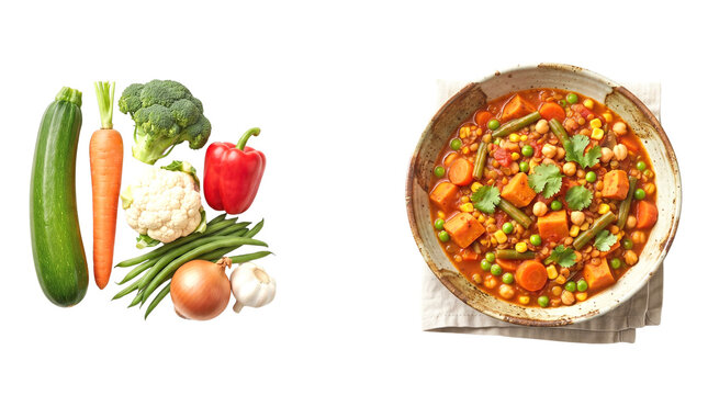 Vegetable soup bowl and fresh raw vegetables isolated on transparent background for culinary design cutout zucchini carrot broccoli cauliflower red bell pepper green beans onion garlic stew vegetarian