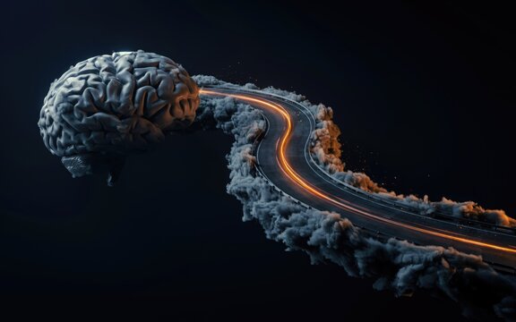 Brain merging with futuristic highway at night